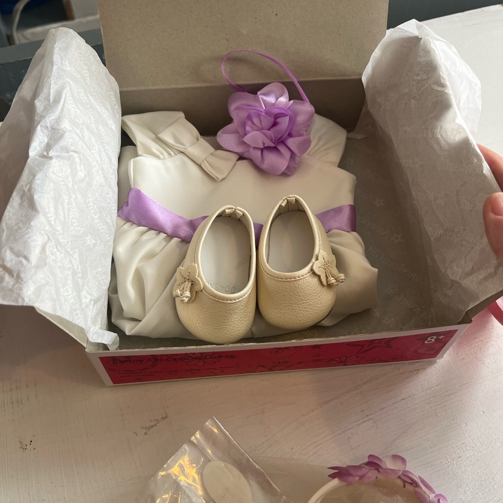 Discontinued American Girl Fancy Occasion Dress Set - Cream and Purple